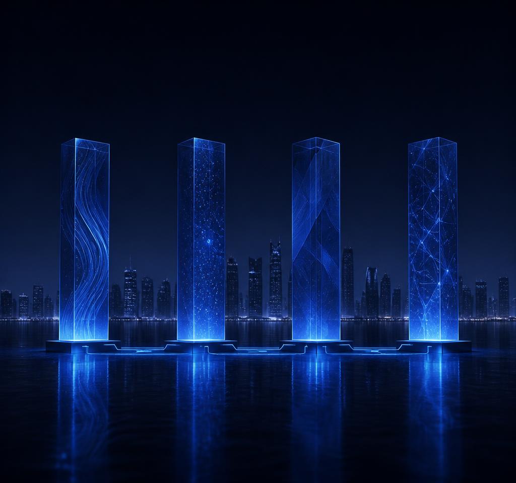 Four luminous pillars representing Qatar National Vision 2030's four development pillars against a dark navy background